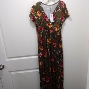 Mother Bee Maternity Floral Maxi Dress - Olive and Red